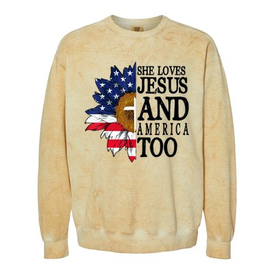 American Flag Sunflower She Loves Jesus And America Too Colorblast Crewneck Sweatshirt