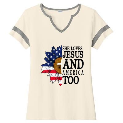 American Flag Sunflower She Loves Jesus And America Too Ladies Halftime Notch Neck Tee