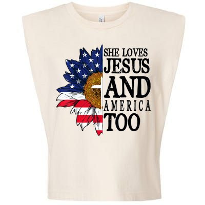 American Flag Sunflower She Loves Jesus And America Too Garment-Dyed Women's Muscle Tee