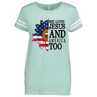 American Flag Sunflower She Loves Jesus And America Too Enza Ladies Jersey Football T-Shirt