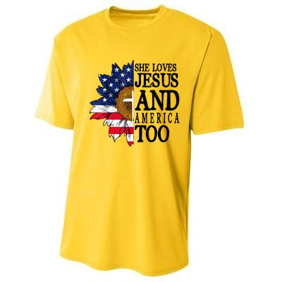 American Flag Sunflower She Loves Jesus And America Too Performance Sprint T-Shirt