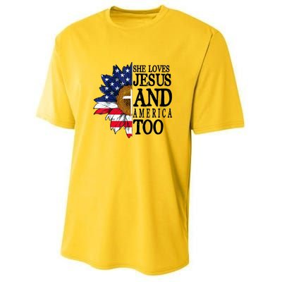 American Flag Sunflower She Loves Jesus And America Too Youth Performance Sprint T-Shirt