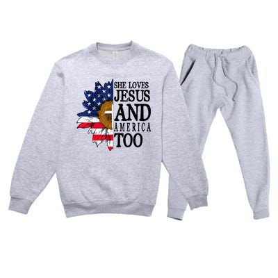 American Flag Sunflower She Loves Jesus And America Too Premium Crewneck Sweatsuit Set