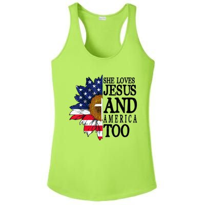 American Flag Sunflower She Loves Jesus And America Too Ladies PosiCharge Competitor Racerback Tank