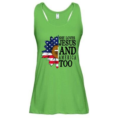 American Flag Sunflower She Loves Jesus And America Too Ladies Essential Flowy Tank