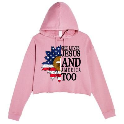 American Flag Sunflower She Loves Jesus And America Too Crop Fleece Hoodie