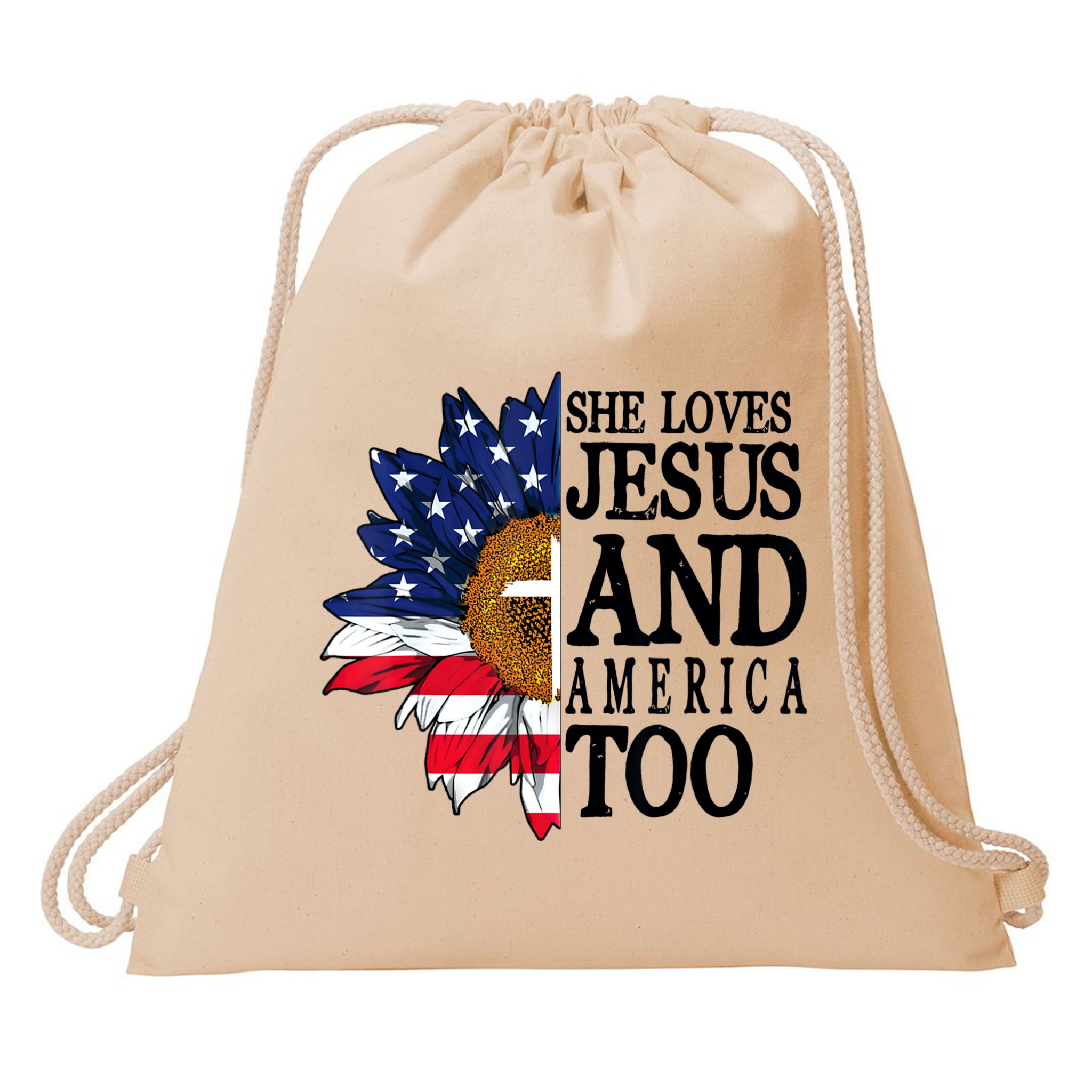 American Flag Sunflower She Loves Jesus And America Too Drawstring Bag