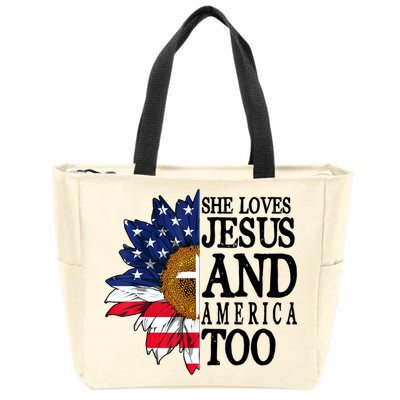 American Flag Sunflower She Loves Jesus And America Too Zip Tote Bag