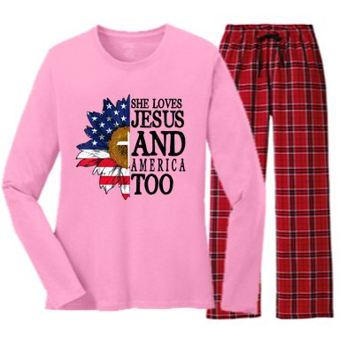 American Flag Sunflower She Loves Jesus And America Too Women's Long Sleeve Flannel Pajama Set 