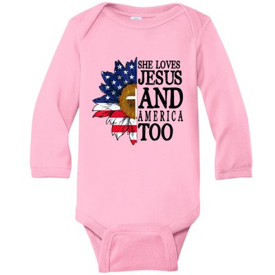 American Flag Sunflower She Loves Jesus And America Too Baby Long Sleeve Bodysuit