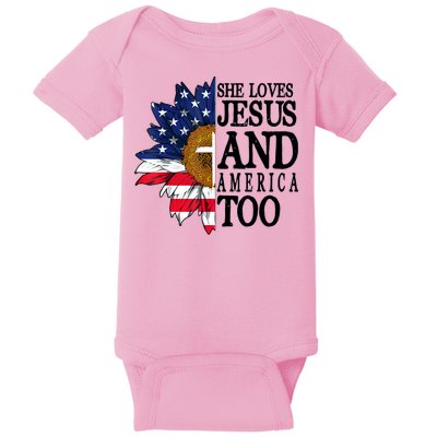 American Flag Sunflower She Loves Jesus And America Too Baby Bodysuit