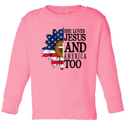 American Flag Sunflower She Loves Jesus And America Too Toddler Long Sleeve Shirt