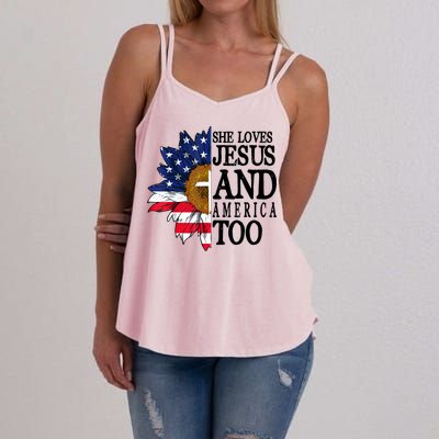 American Flag Sunflower She Loves Jesus And America Too Women's Strappy Tank