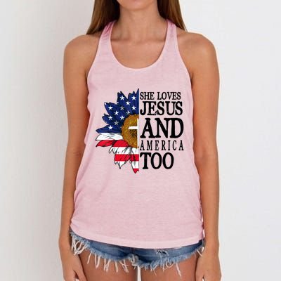 American Flag Sunflower She Loves Jesus And America Too Women's Knotted Racerback Tank