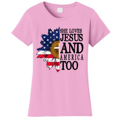 American Flag Sunflower She Loves Jesus And America Too Women's T-Shirt