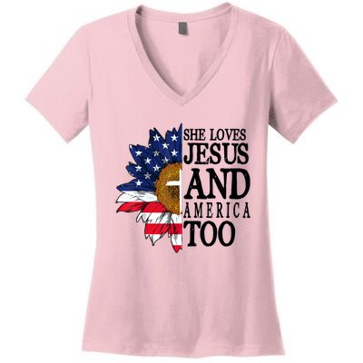 American Flag Sunflower She Loves Jesus And America Too Women's V-Neck T-Shirt