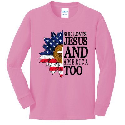 American Flag Sunflower She Loves Jesus And America Too Kids Long Sleeve Shirt