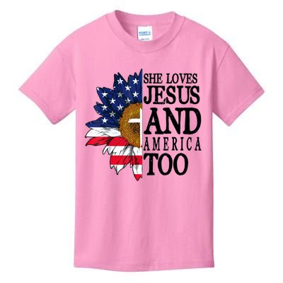 American Flag Sunflower She Loves Jesus And America Too Kids T-Shirt