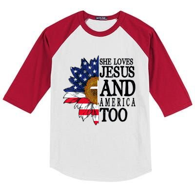 American Flag Sunflower She Loves Jesus And America Too Kids Colorblock Raglan Jersey