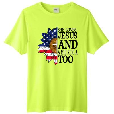 American Flag Sunflower She Loves Jesus And America Too Tall Fusion ChromaSoft Performance T-Shirt