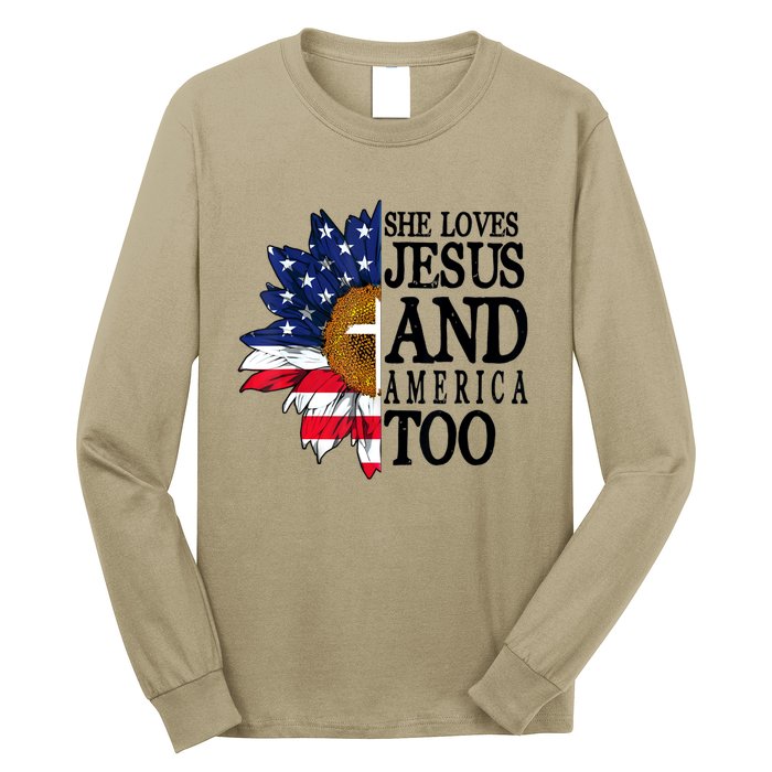 American Flag Sunflower She Loves Jesus And America Too Long Sleeve Shirt