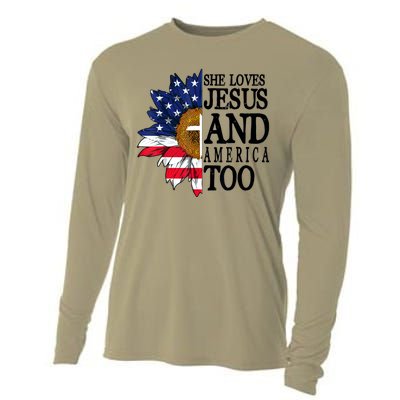 American Flag Sunflower She Loves Jesus And America Too Cooling Performance Long Sleeve Crew