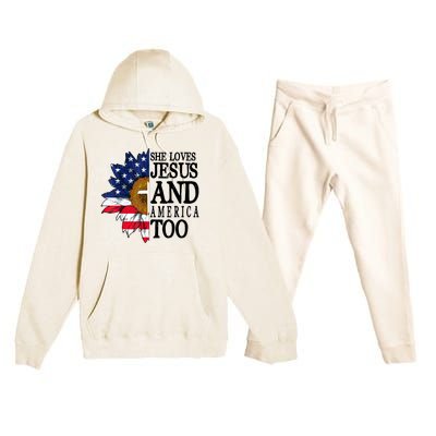 American Flag Sunflower She Loves Jesus And America Too Premium Hooded Sweatsuit Set