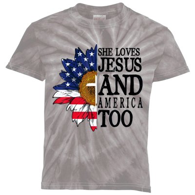 American Flag Sunflower She Loves Jesus And America Too Kids Tie-Dye T-Shirt