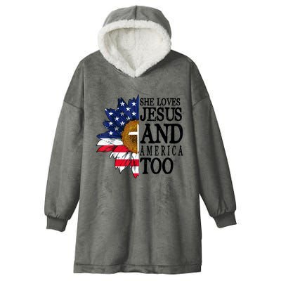 American Flag Sunflower She Loves Jesus And America Too Hooded Wearable Blanket