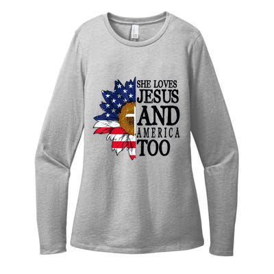 American Flag Sunflower She Loves Jesus And America Too Womens CVC Long Sleeve Shirt