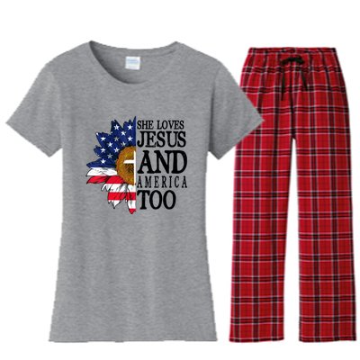 American Flag Sunflower She Loves Jesus And America Too Women's Flannel Pajama Set