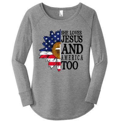 American Flag Sunflower She Loves Jesus And America Too Women's Perfect Tri Tunic Long Sleeve Shirt