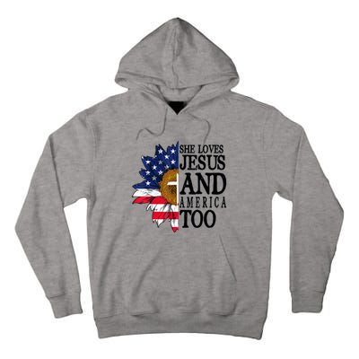 American Flag Sunflower She Loves Jesus And America Too Tall Hoodie