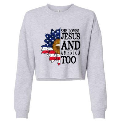 American Flag Sunflower She Loves Jesus And America Too Cropped Pullover Crew