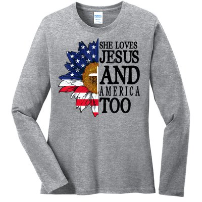 American Flag Sunflower She Loves Jesus And America Too Ladies Long Sleeve Shirt