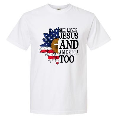 American Flag Sunflower She Loves Jesus And America Too Garment-Dyed Heavyweight T-Shirt