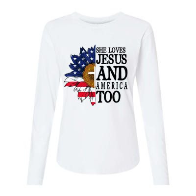 American Flag Sunflower She Loves Jesus And America Too Womens Cotton Relaxed Long Sleeve T-Shirt