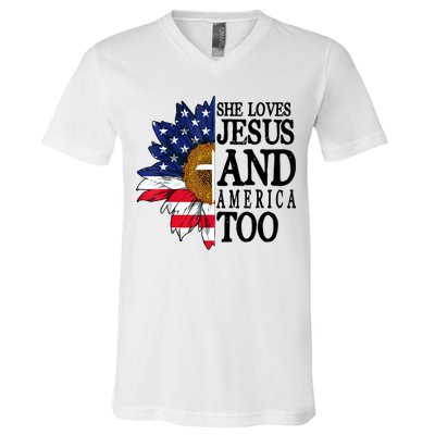 American Flag Sunflower She Loves Jesus And America Too V-Neck T-Shirt