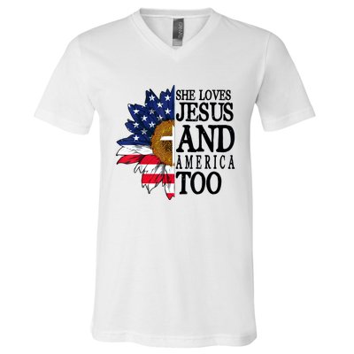 American Flag Sunflower She Loves Jesus And America Too V-Neck T-Shirt