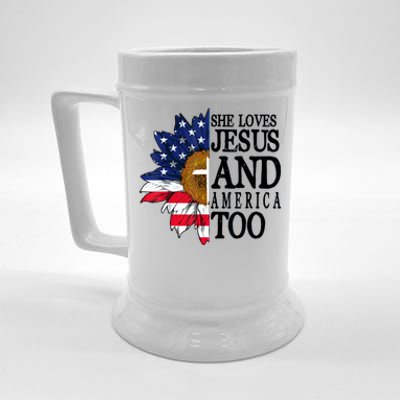 American Flag Sunflower She Loves Jesus And America Too Beer Stein