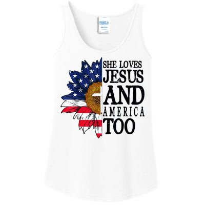 American Flag Sunflower She Loves Jesus And America Too Ladies Essential Tank