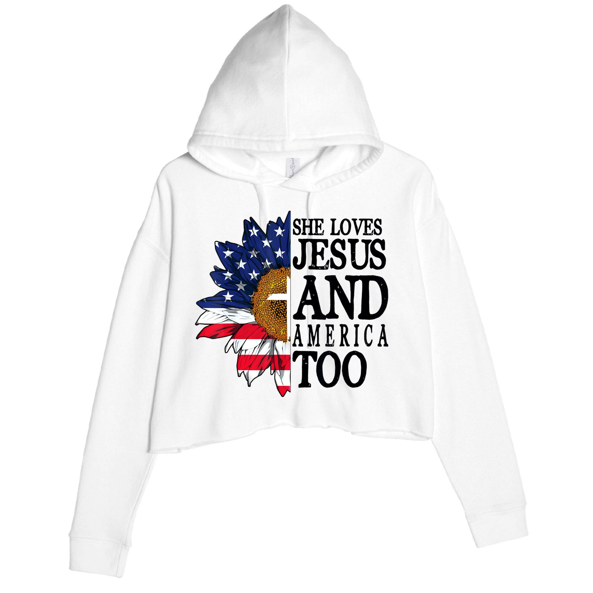 American Flag Sunflower She Loves Jesus And America Too Crop Fleece Hoodie