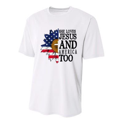 American Flag Sunflower She Loves Jesus And America Too Youth Performance Sprint T-Shirt