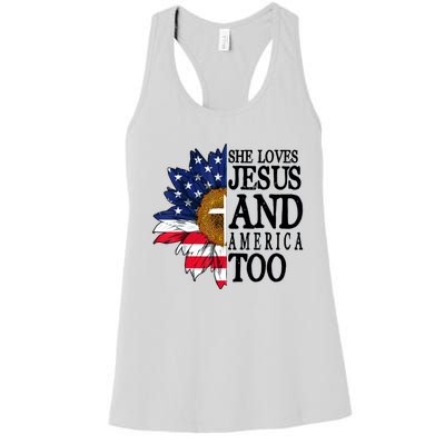 American Flag Sunflower She Loves Jesus And America Too Women's Racerback Tank