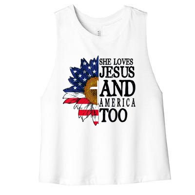 American Flag Sunflower She Loves Jesus And America Too Women's Racerback Cropped Tank