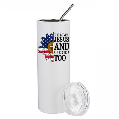 American Flag Sunflower She Loves Jesus And America Too Stainless Steel Tumbler