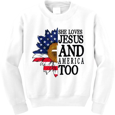 American Flag Sunflower She Loves Jesus And America Too Kids Sweatshirt