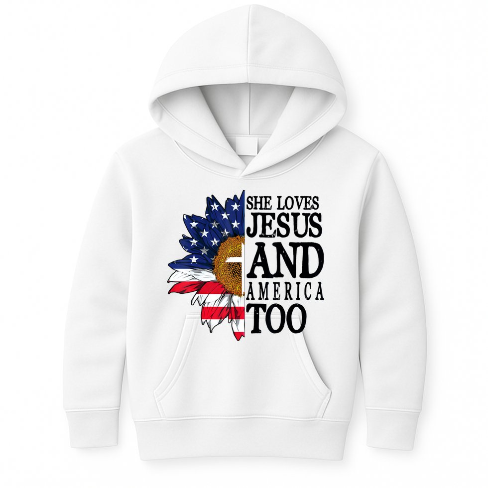 American Flag Sunflower She Loves Jesus And America Too Kids Hoodie
