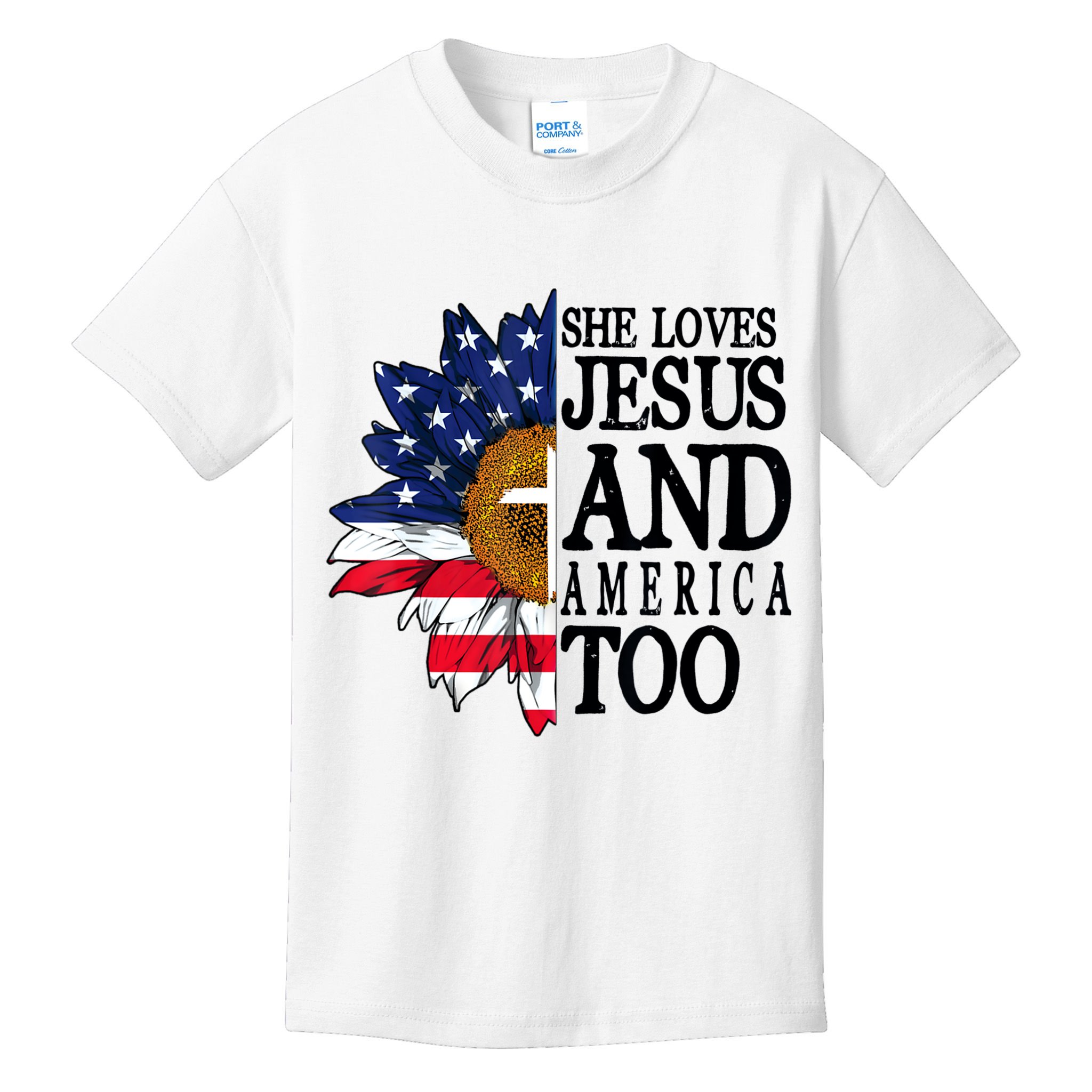 American Flag Sunflower She Loves Jesus And America Too Kids T-Shirt