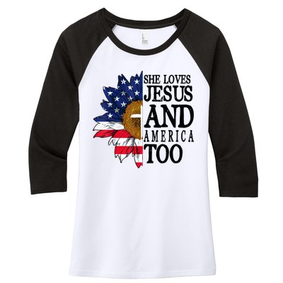 American Flag Sunflower She Loves Jesus And America Too Women's Tri-Blend 3/4-Sleeve Raglan Shirt